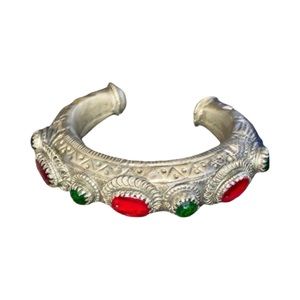 Antique Bedouin Cuff Bracelet with Red and Green glass